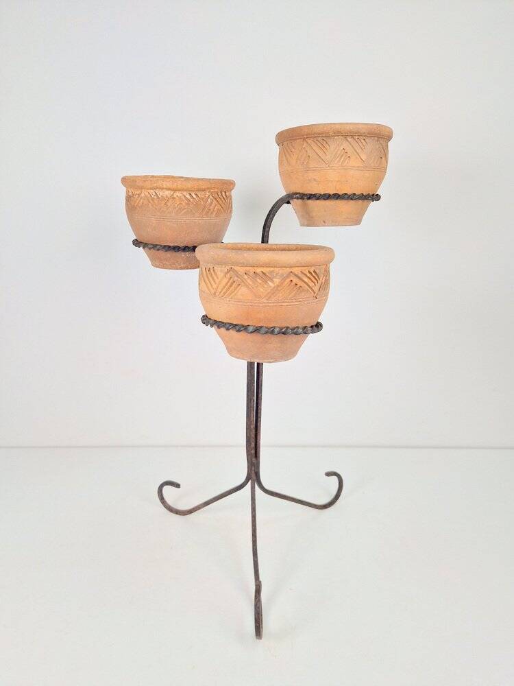 Brutalist Wrought Iron Plant Stand with Handmade Terracotta Pots, 1970s, Set of 4