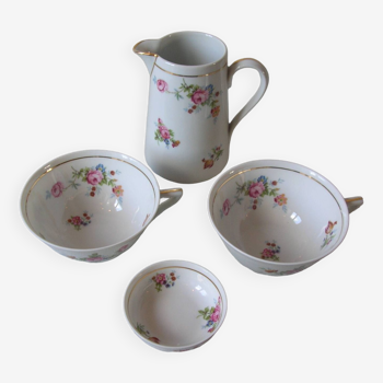2 old large tea cups sugar bowl water pot Limoges porcelain floral decor