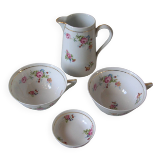 2 anciennes grandes tasses à thé sucrier pot à eau porcelaine de Limoges décor floral