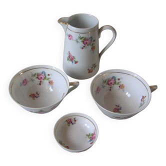 2 old large tea cups sugar bowl water pot Limoges porcelain floral decor