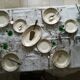Round off-white tablecloth embroidered with grey flowers with 8 matching napkins - festive table
