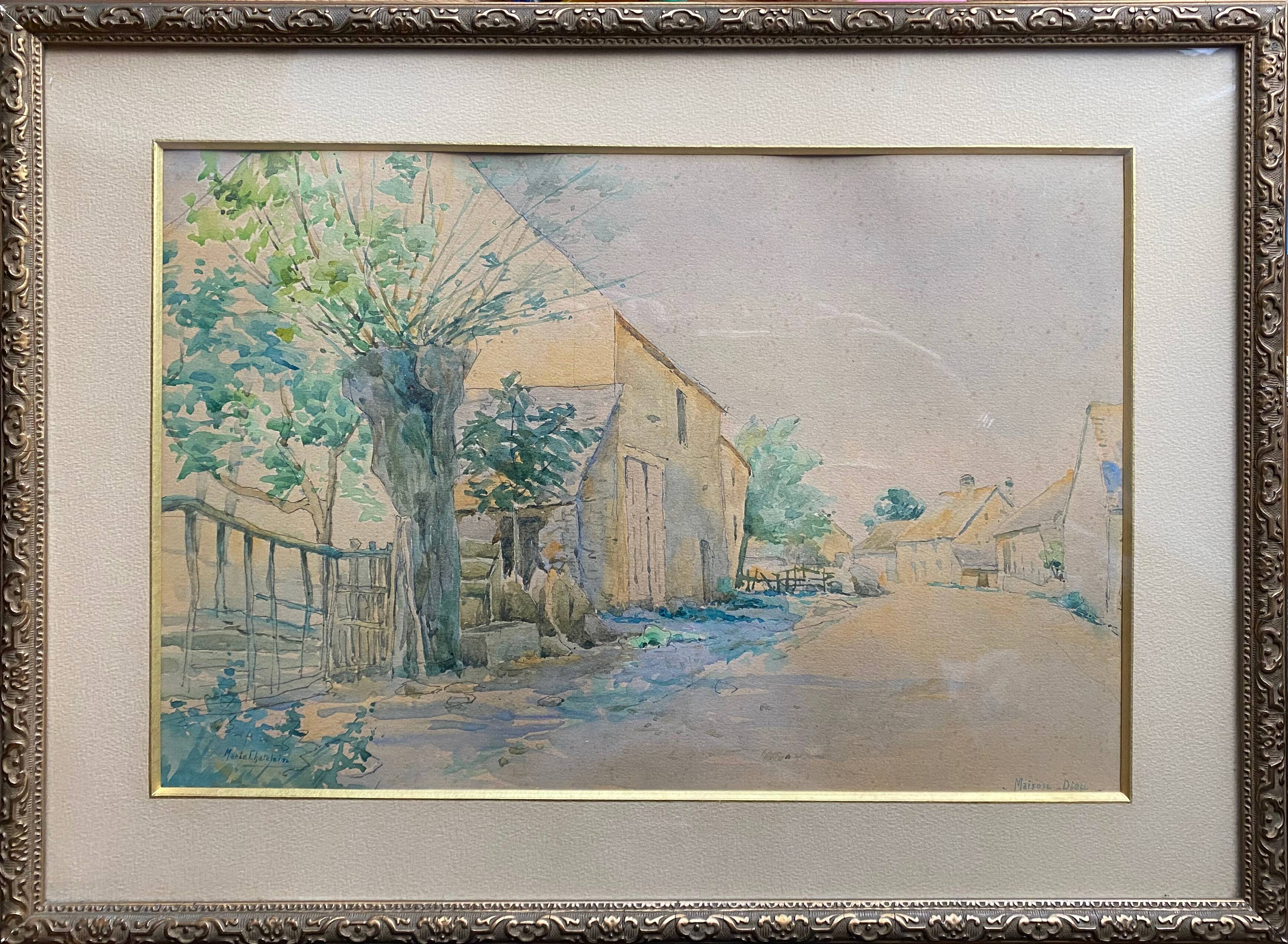 Watercolor painting "Maison Dieu" Marie Chatelain late NINETEENTH + frame