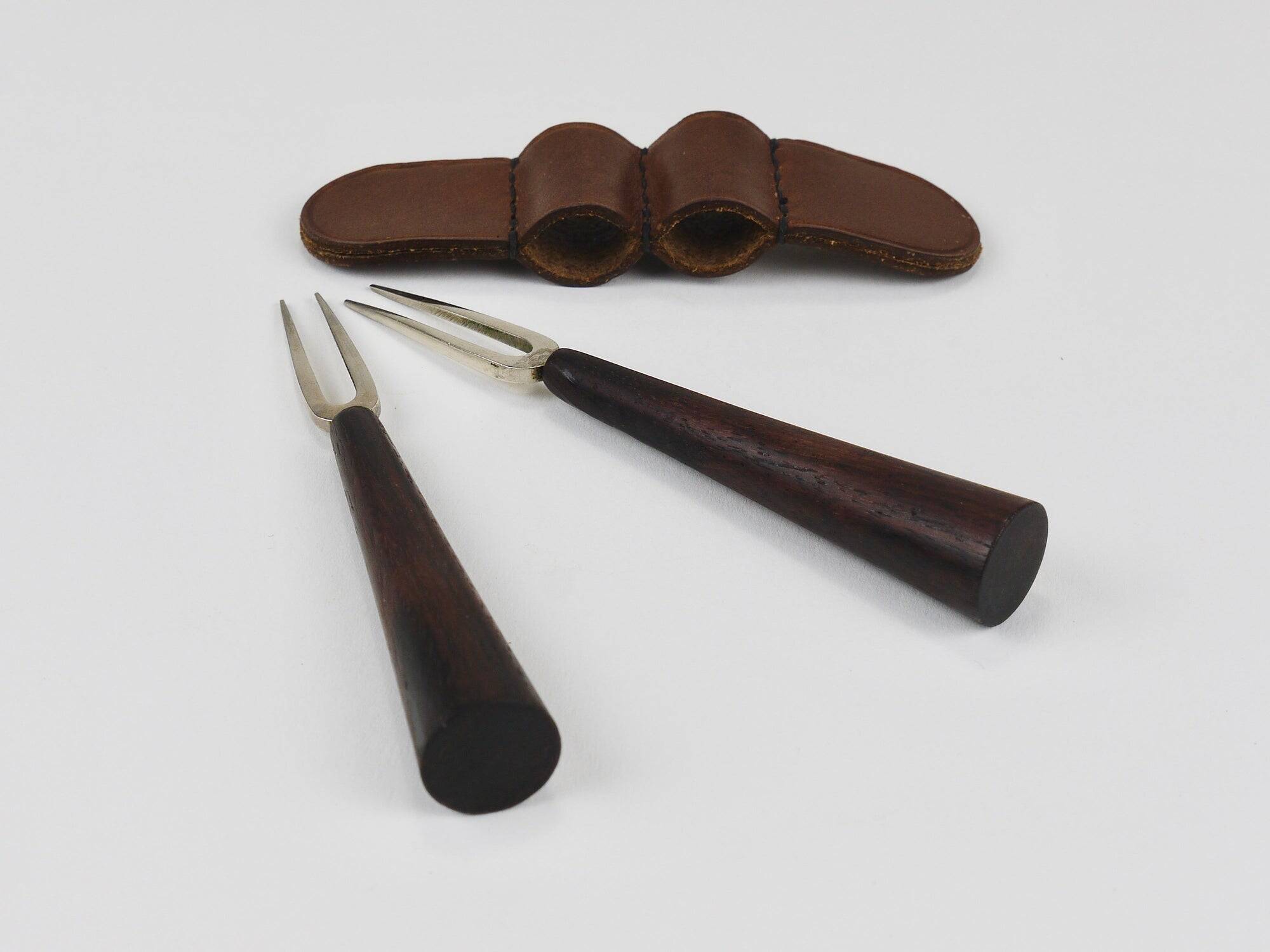 Carl Aubock Forks, Brass, Leather Holder, Corn Cob Skewers, Vienna, 1930s