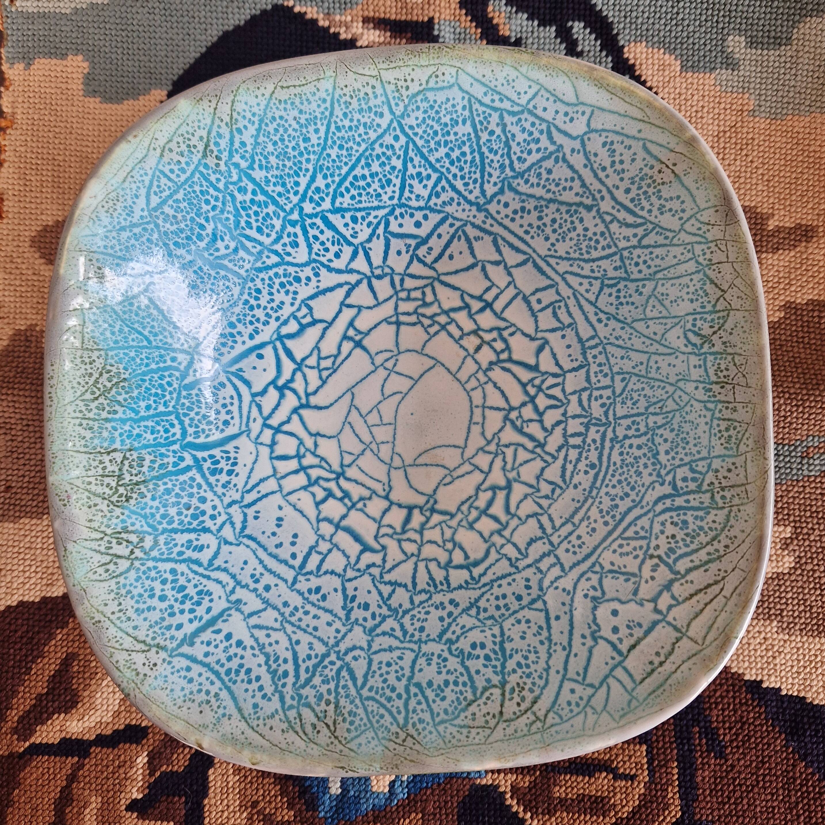 Square dish salad bowl bowl keraluc quimper ceramic turquoise blue cracked effect stamped with u