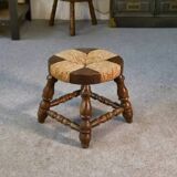 Brutalist stool in beech and rush 1960s