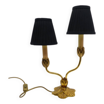 Bronze water lily lamp with two arms, Lucien Gau, France 1990