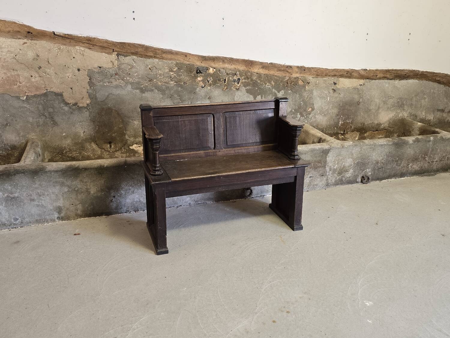 Small 19th century church chest bench in solid oak