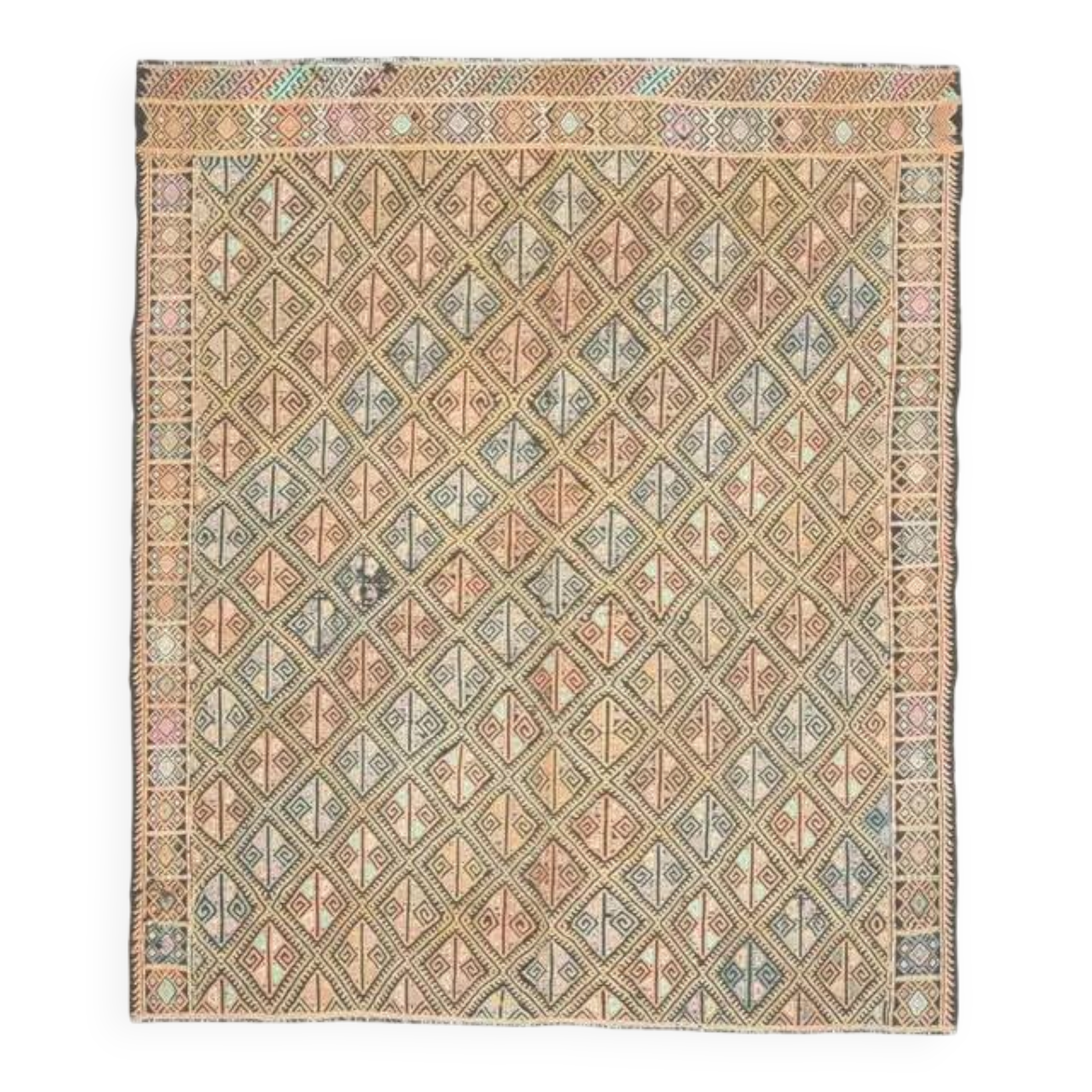 1970s vintage Turkish Oushak handmade wool cotton beige runner rug 185x212