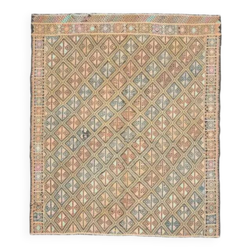 1970s vintage Turkish Oushak handmade wool cotton beige runner rug 185x212