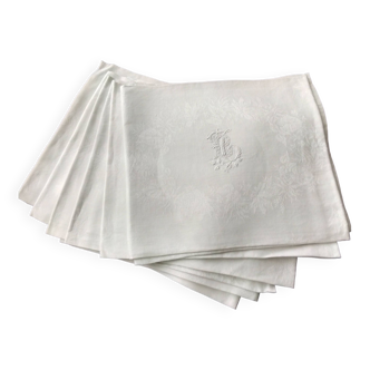 6 serviettes de table anciennes en lin damassé blanc  bc  74 x 90 cm
