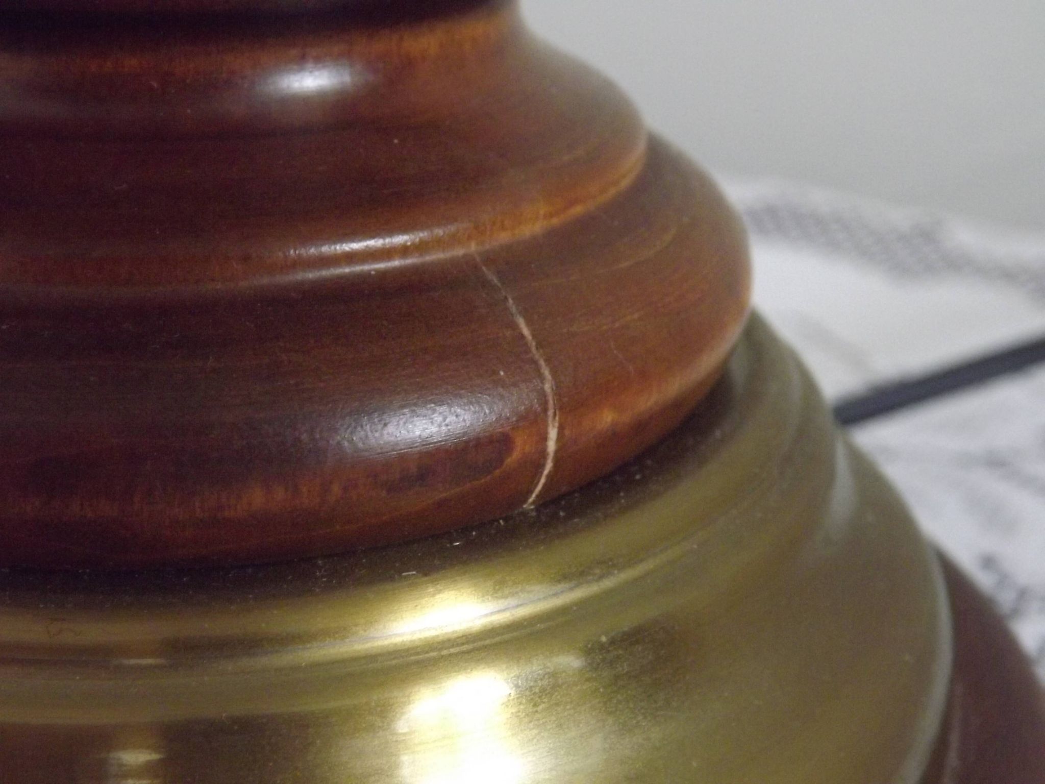 French Mid-Century Brass and Turned Wood Table Lamp with Hide Skin Shade