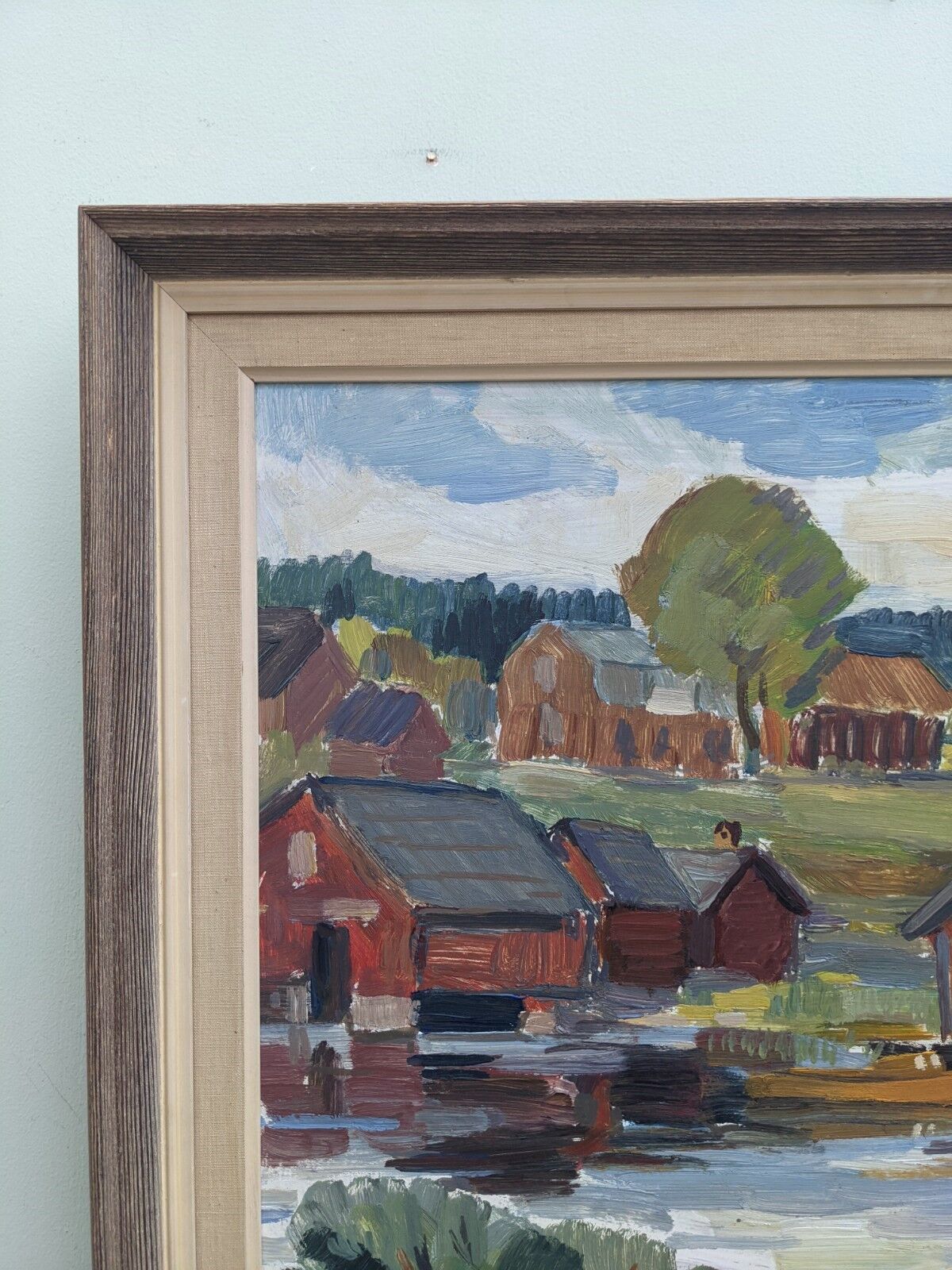 Mid-Century Modern "Lake Houses" Swedish Vintage Landscape Oil Painting, Framed