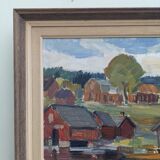 Mid-Century Modern "Lake Houses" Swedish Vintage Landscape Oil Painting, Framed