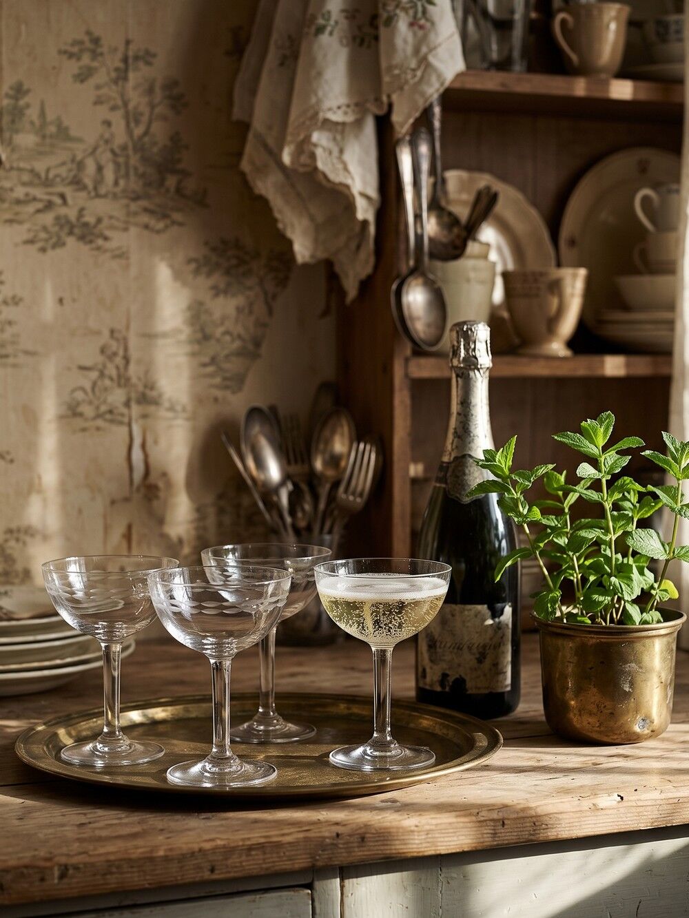 4 large engraved champagne glasses, Art Deco style from 1925-1940.