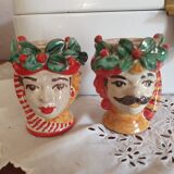 Set of 2 Sicilian vases ceramic heads of caltagirone