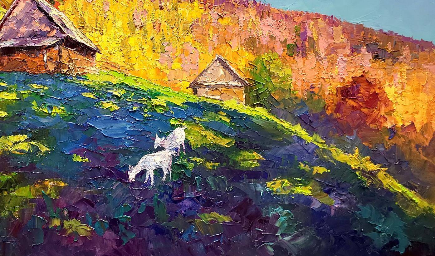 Peinture à l'huile "Rêvant des montagnes des Carpates en automne" par Boris Petrovich Serdyuk