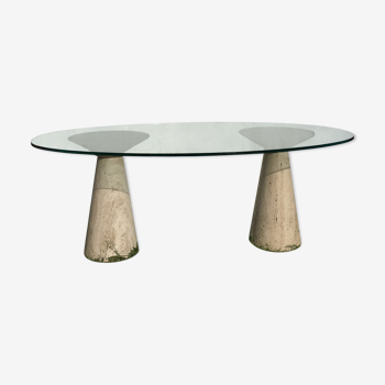 Table verre colonnes travertin design 1980