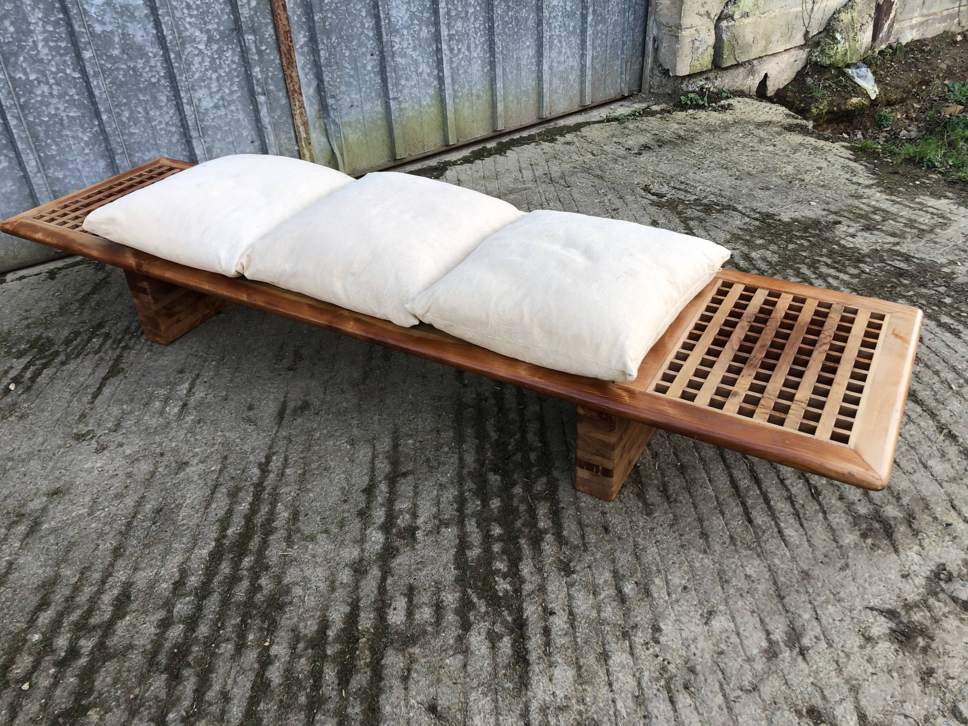Vintage Yew Wood Bench with 3 Cushions