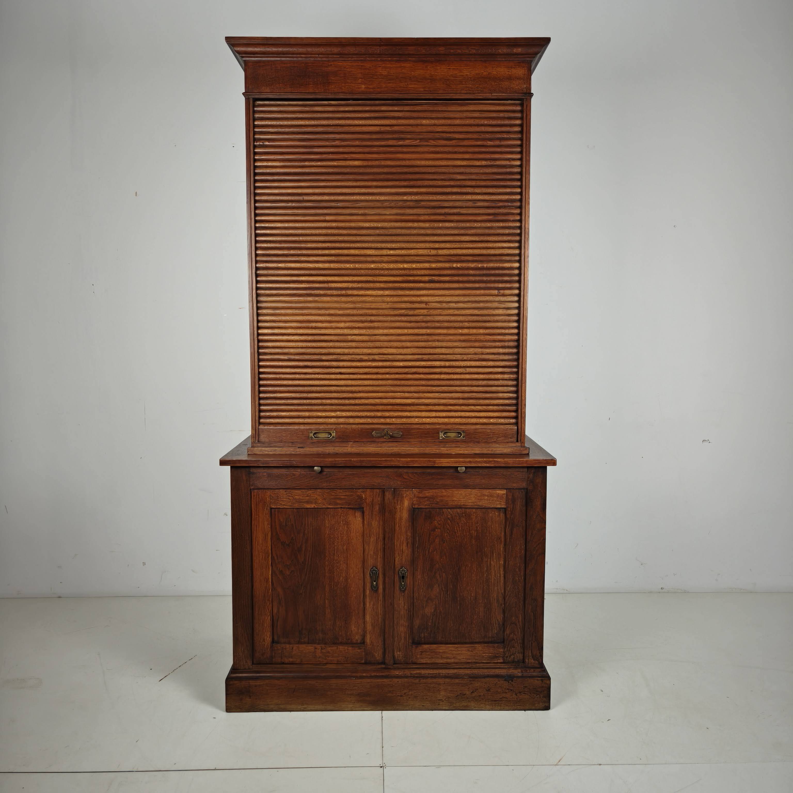 1930s Dutch Oak Roll-Top Notary Cabinet / Archive Cabinet