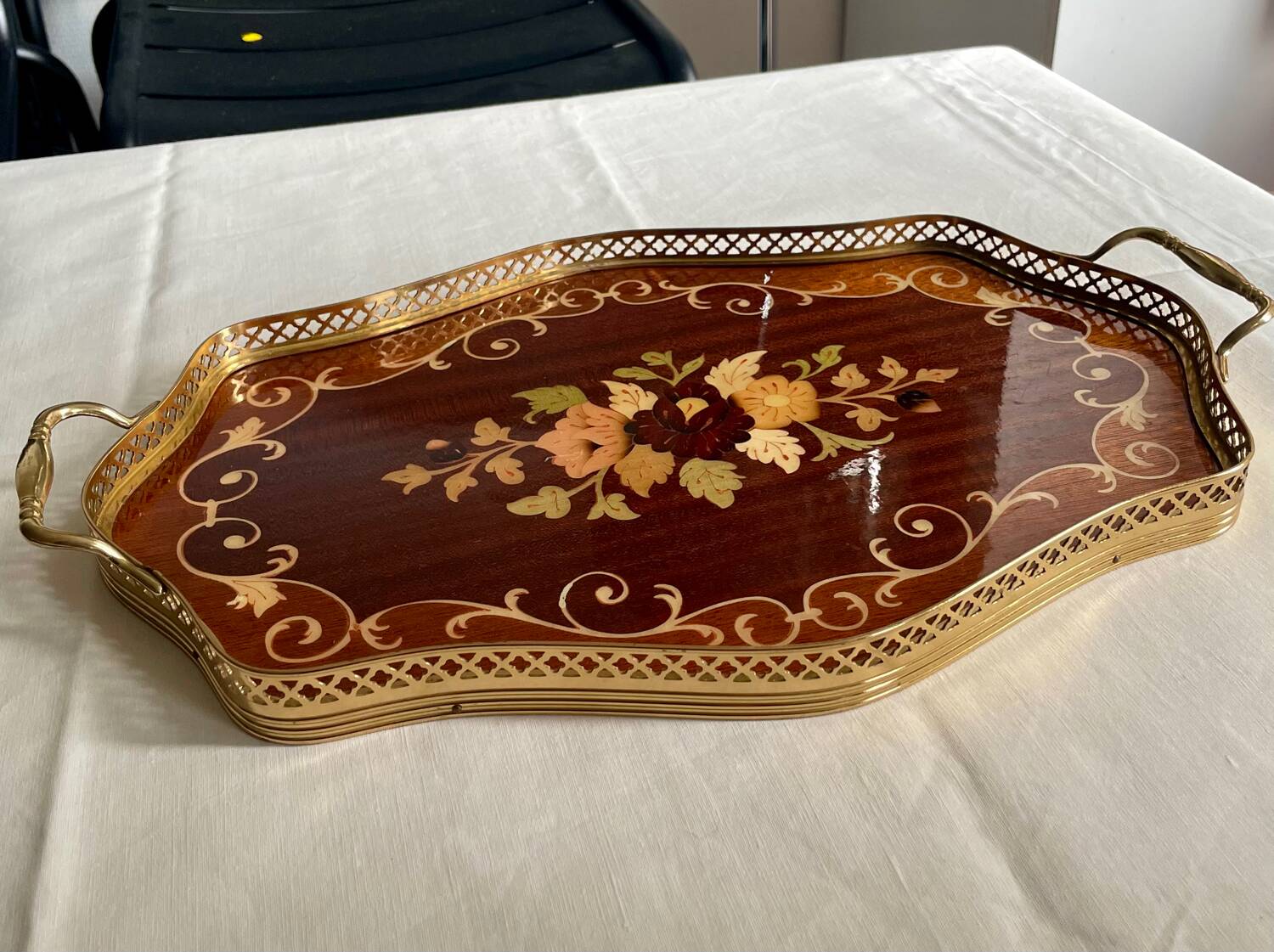 Vintage marquetry and gilded metal tray