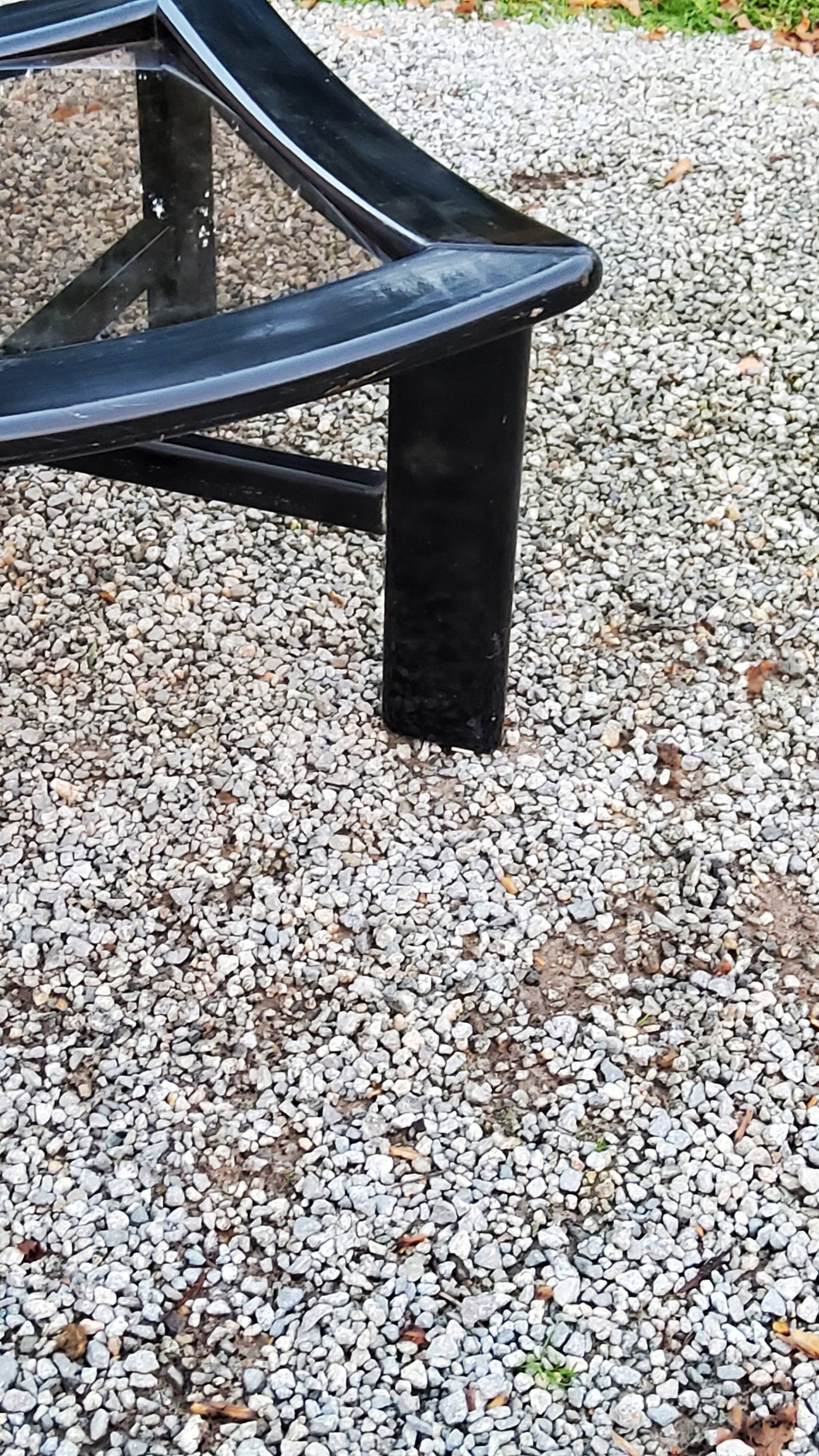 70s design coffee table in black lacquered wood with smoked glass top