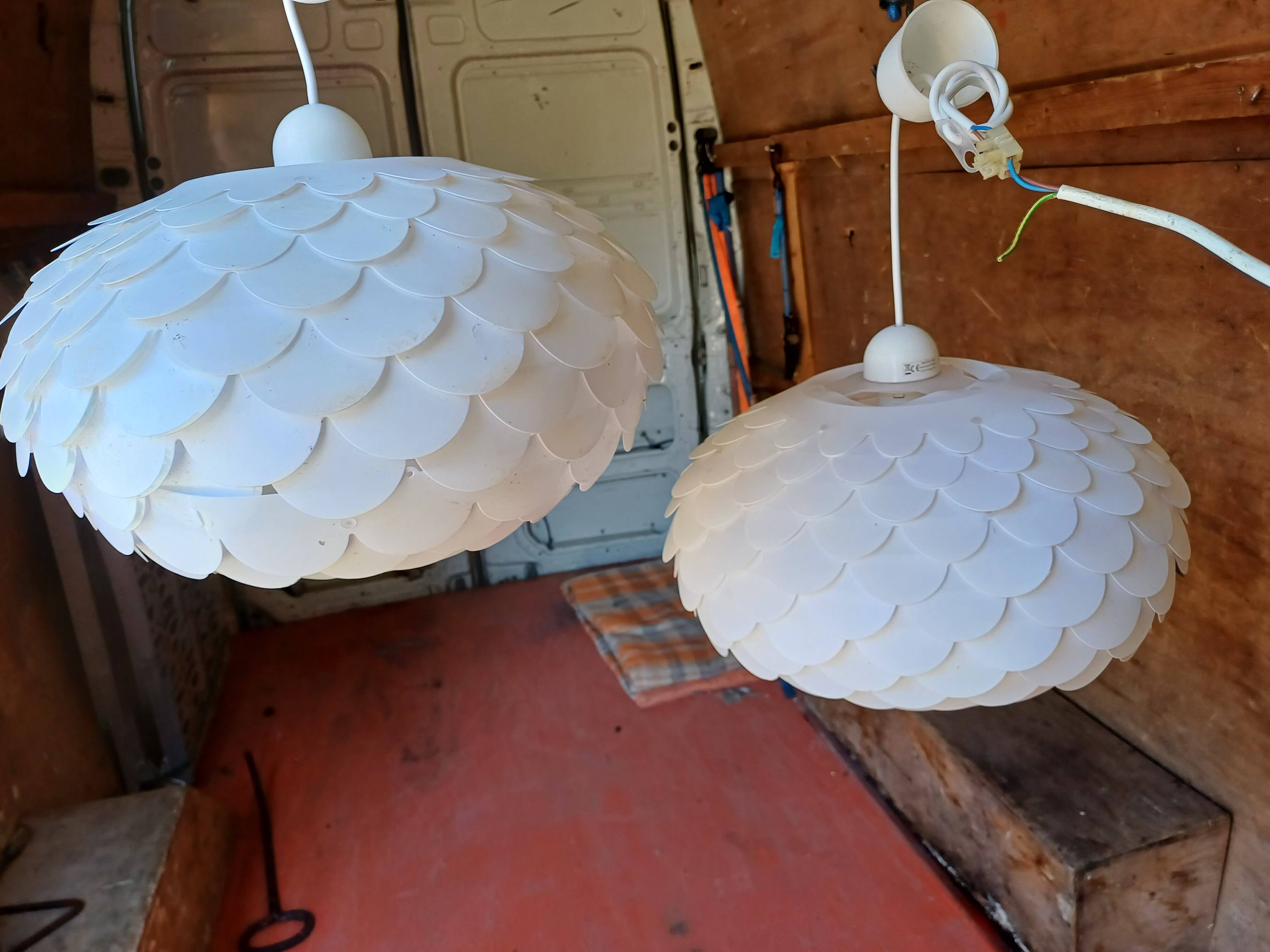 Pair of vintage white plastic pendant lights