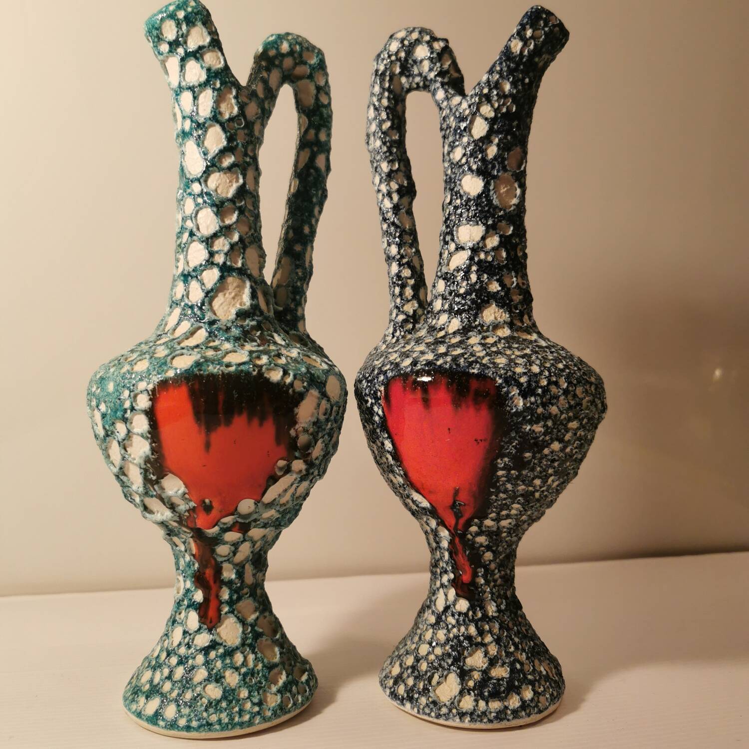 Rare paire de vases anciens barbotine de vallauris style fat lava terre de lave. tons vert turquoise