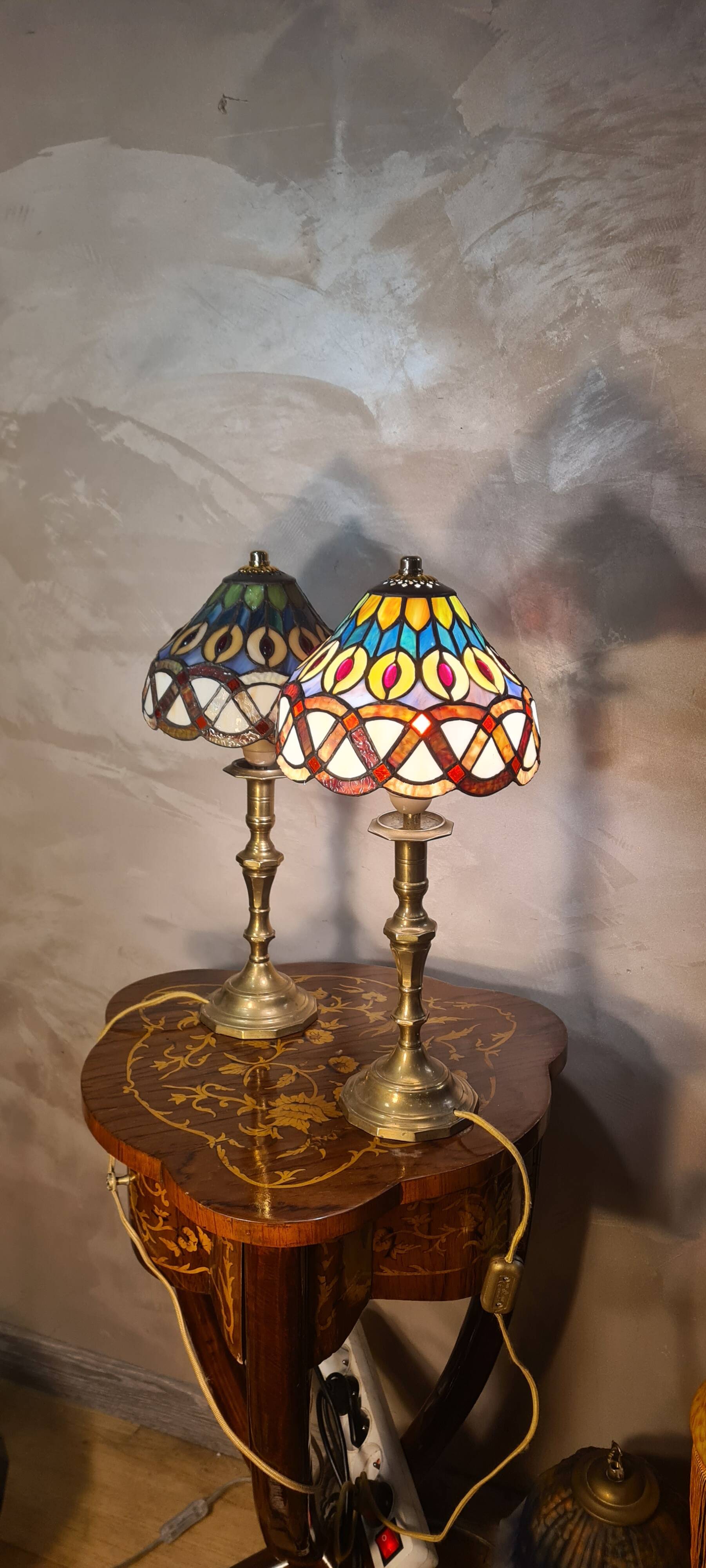 set of antique brass lamps with handmade stained glass, style
