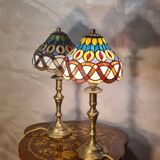 set of antique brass lamps with handmade stained glass, style