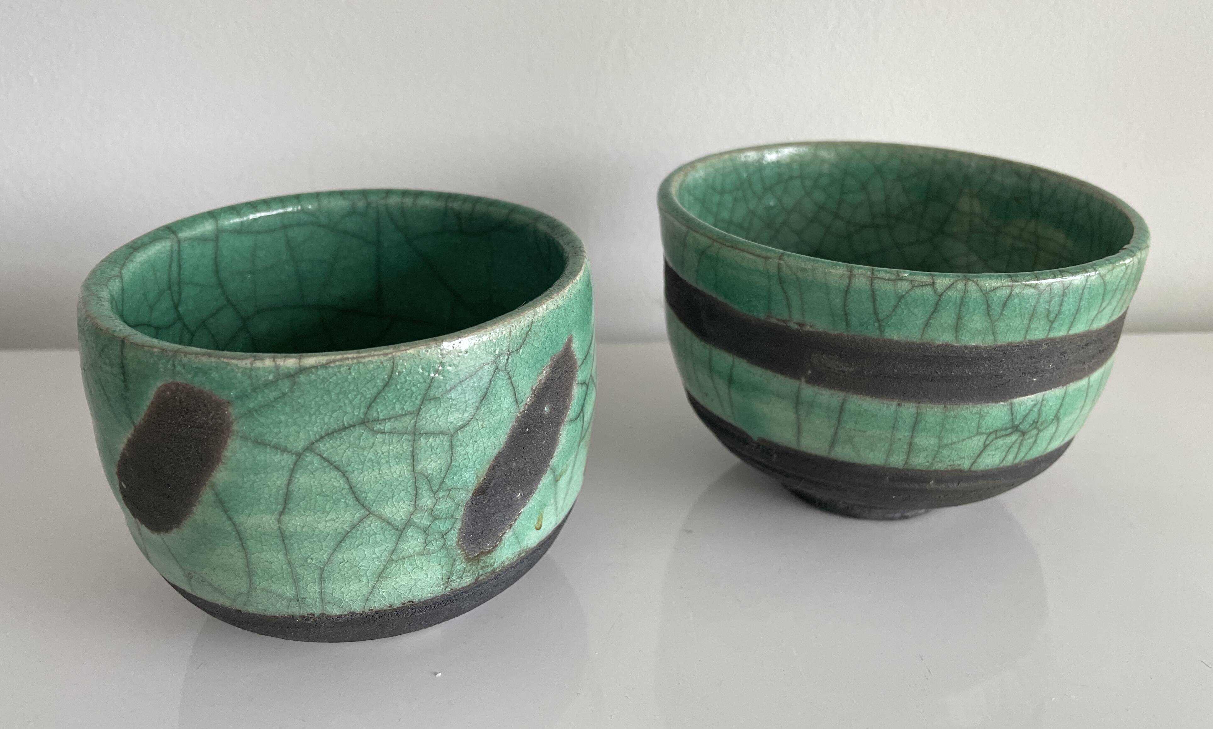Pair of raku tea bowls, handmade ceramics