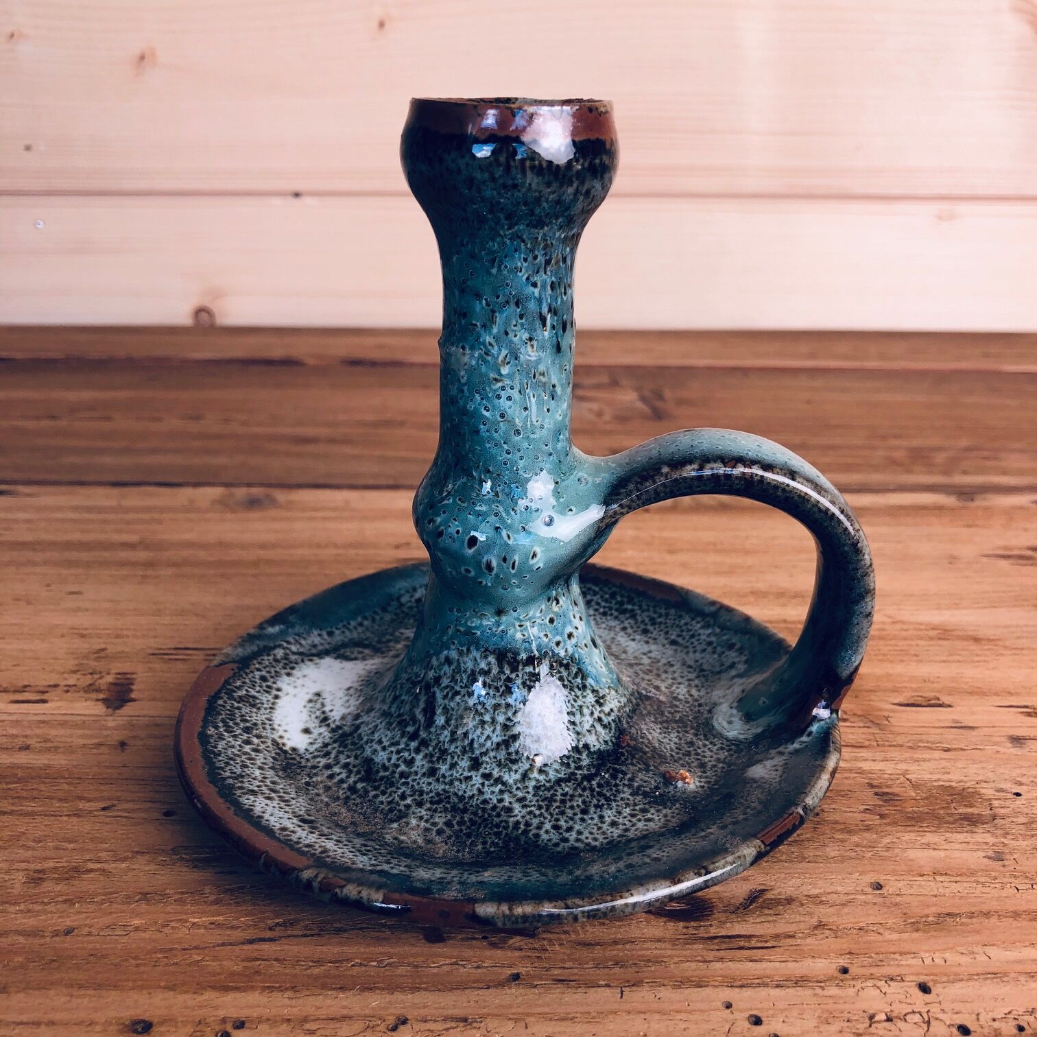 Blue glazed varnished sandstone cellar rat candlestick