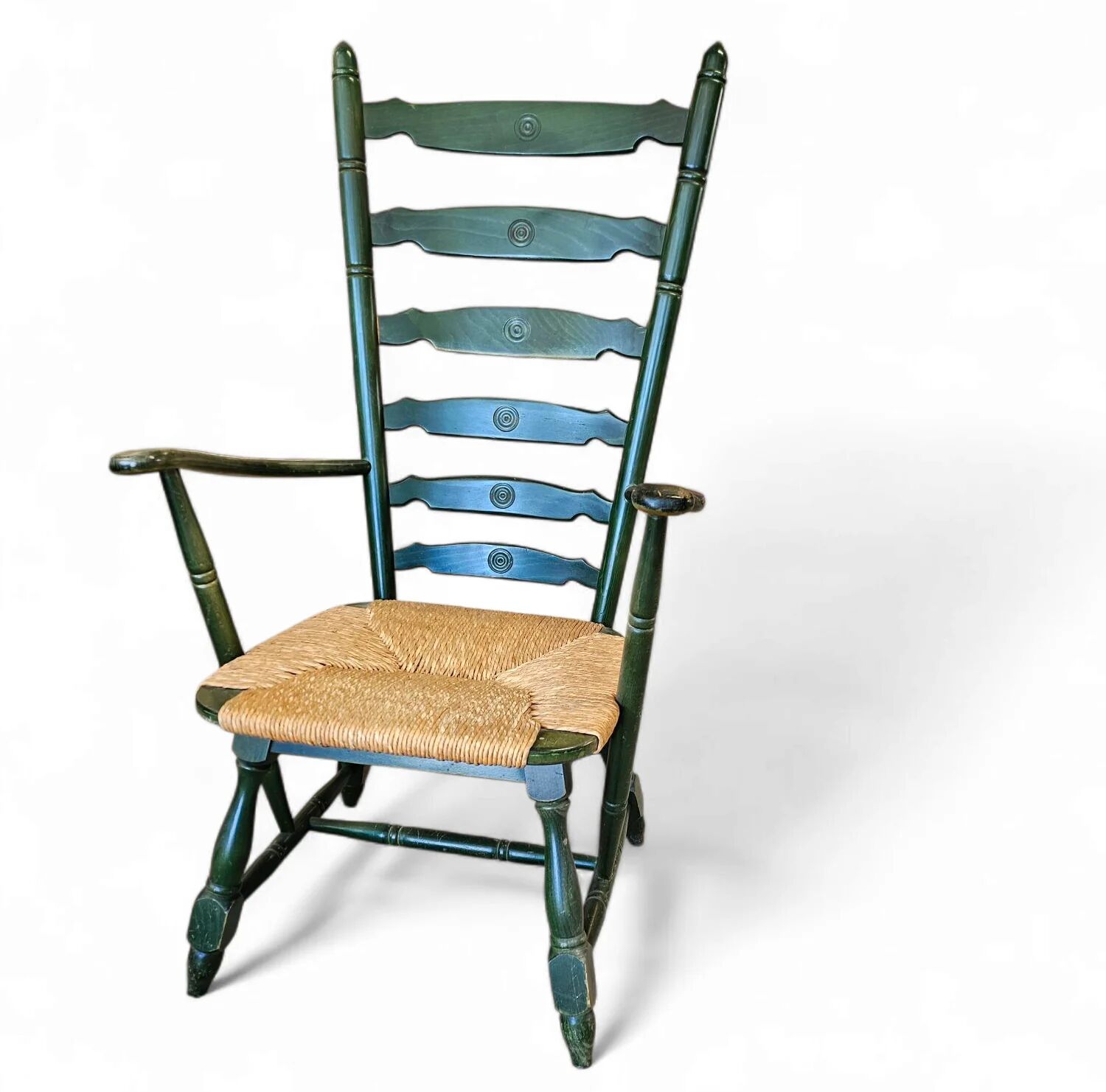 Vintage transparent green wooden arm chair / rush seat / high back ladder chair