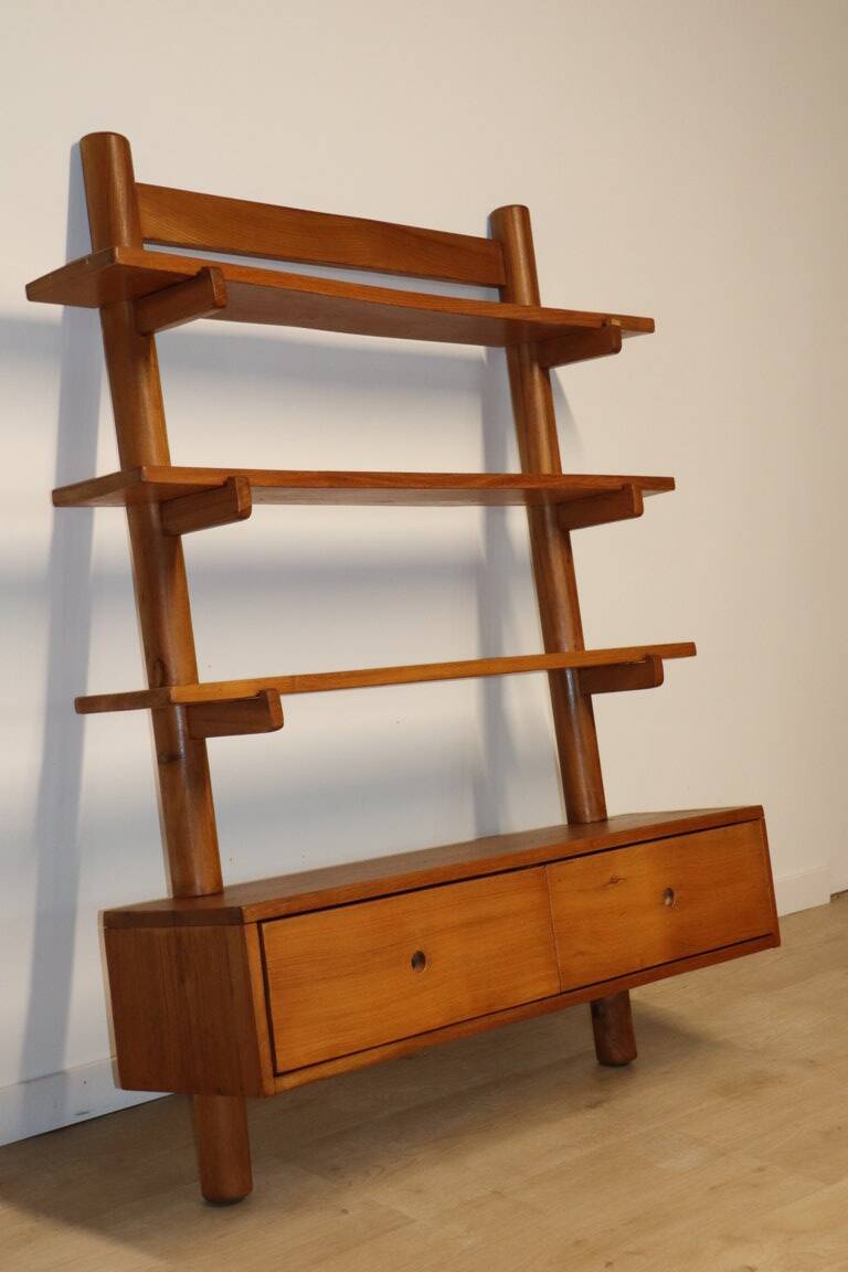 Vintage wall shelf unit in solid elm, 1970s
