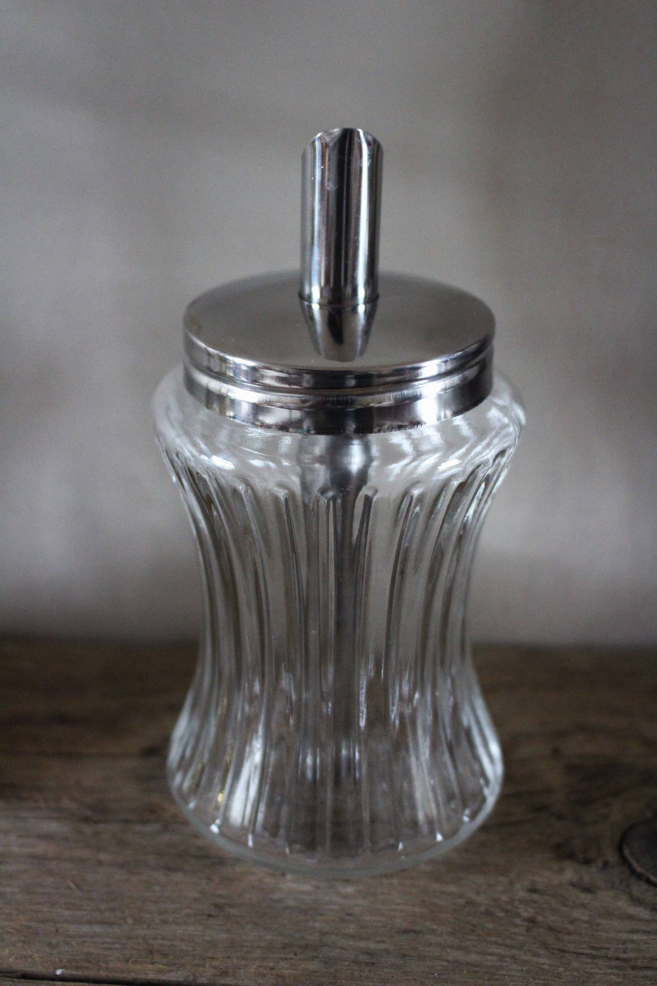 Vintage glass sugar bowl with metal spout