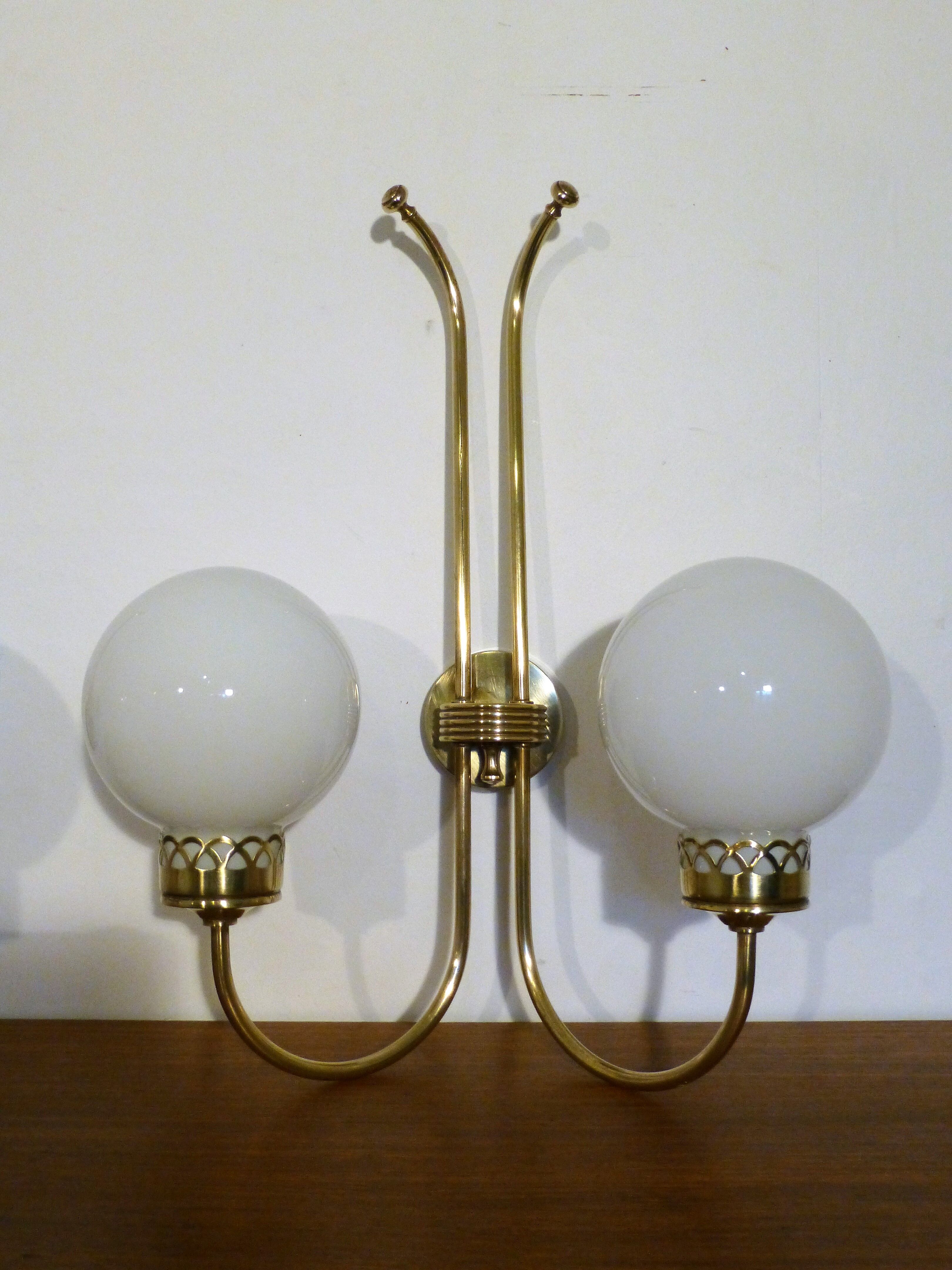 Trio of applique art deco brass and opaline. 1940