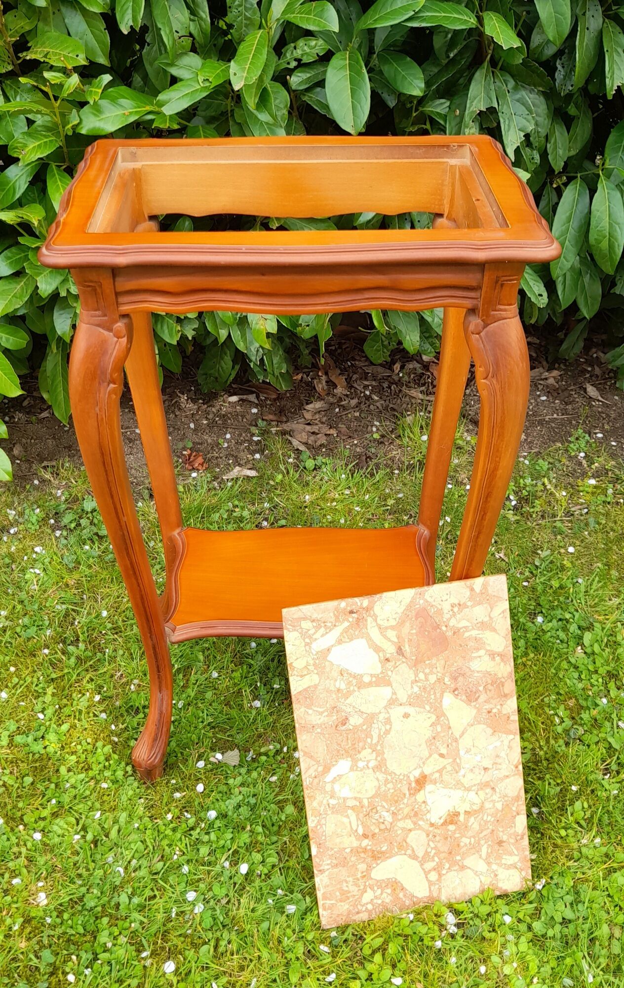 Louis XV style pedestal table/harness in solid cherry topped with marble