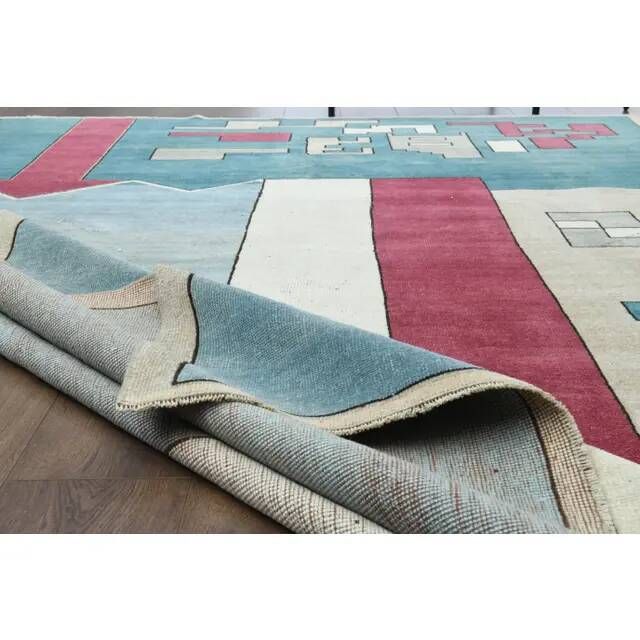 Vintage Turkish Oushak handmade wool cotton blue area rug 204x304