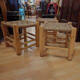 Set of three brutalist wooden stools, rope seat