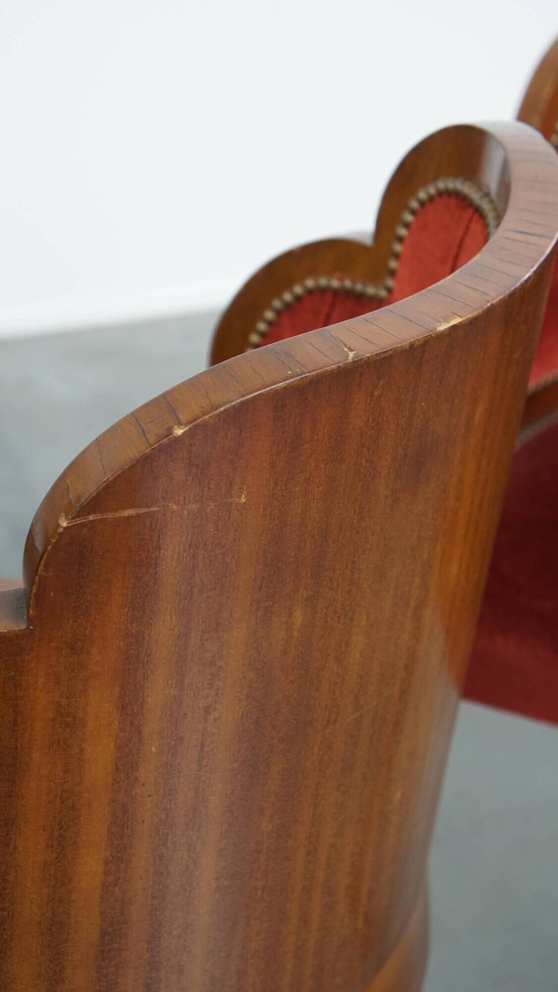 Set of 4 Art Deco Dining Chairs with Red Upholstery and Wooden Backs