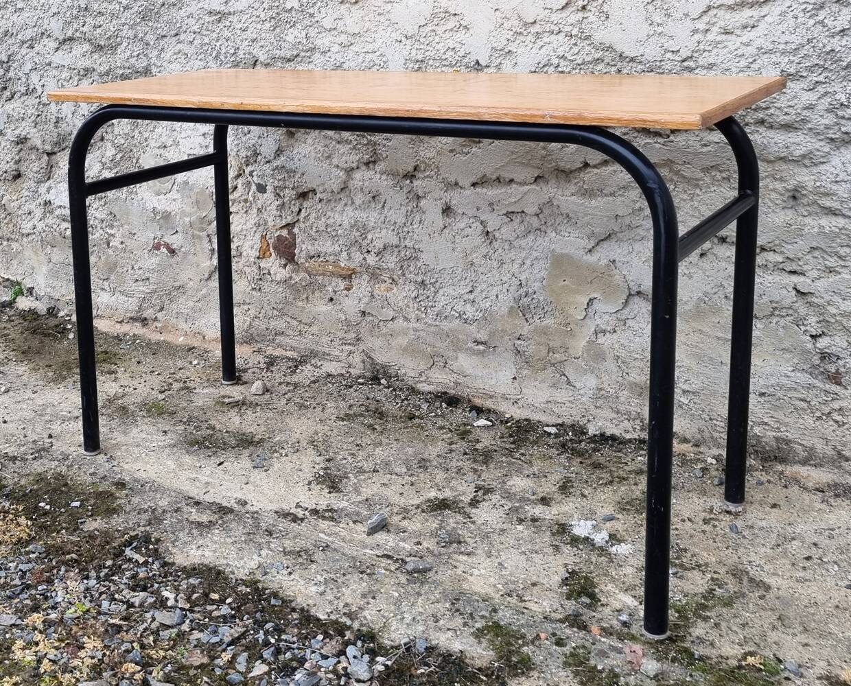 Double school desk, wood and metal, vintage, 60s