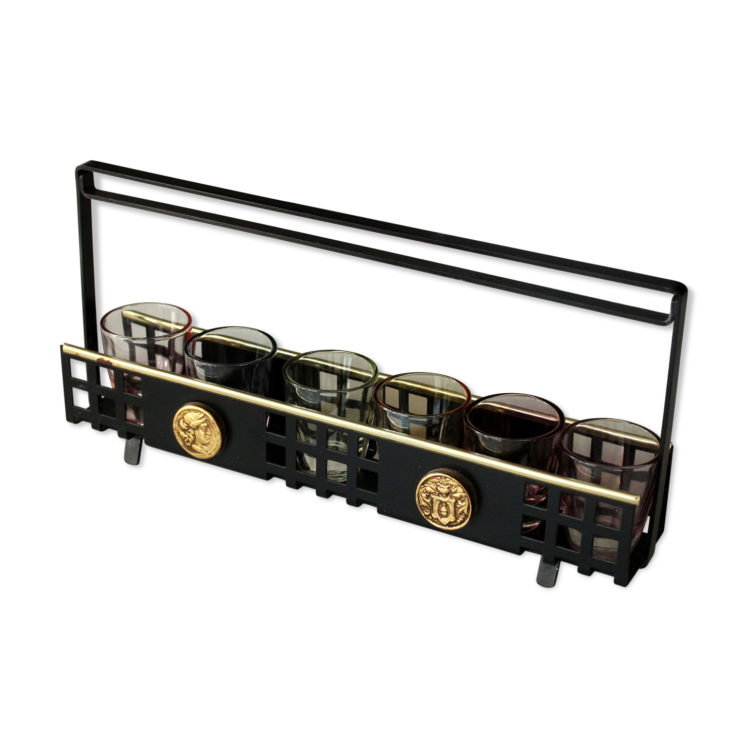6 spirit glasses on a metal tray 1950