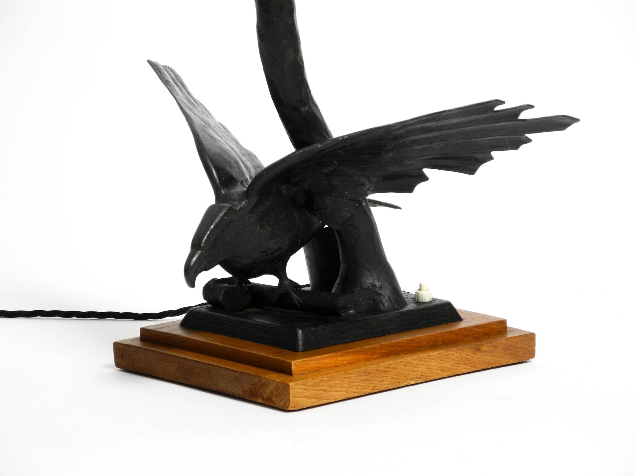1940s table lamp made of iron in the shape of an eagle, teak wooden base