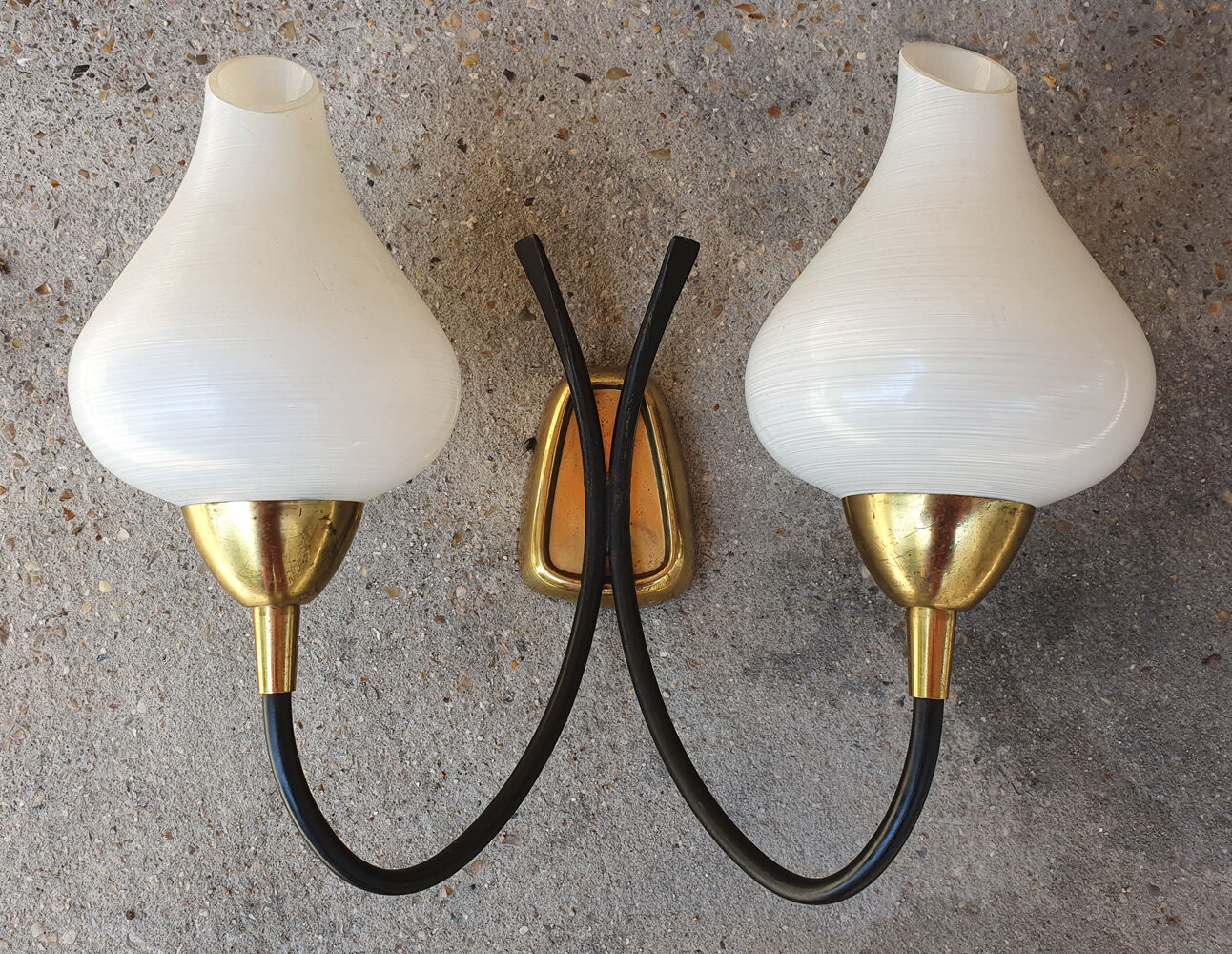 Pair vintage sconces, brass, steel and opaline 1950