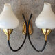 Pair vintage sconces, brass, steel and opaline 1950