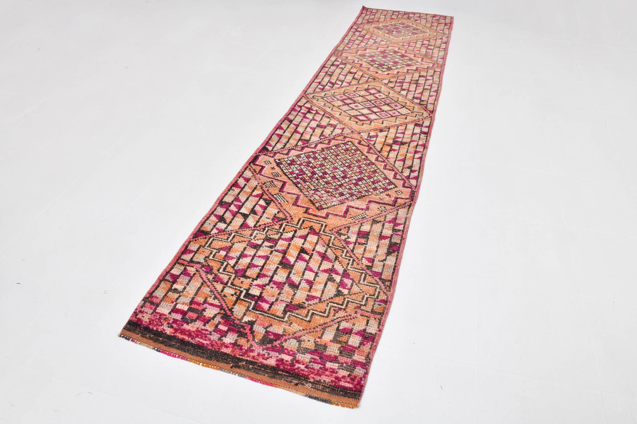 Fuchisa & Burgundy Turkish Runner Rug, One of a Kind Hallway Runner