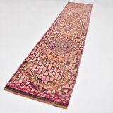 Fuchisa & Burgundy Turkish Runner Rug, One of a Kind Hallway Runner