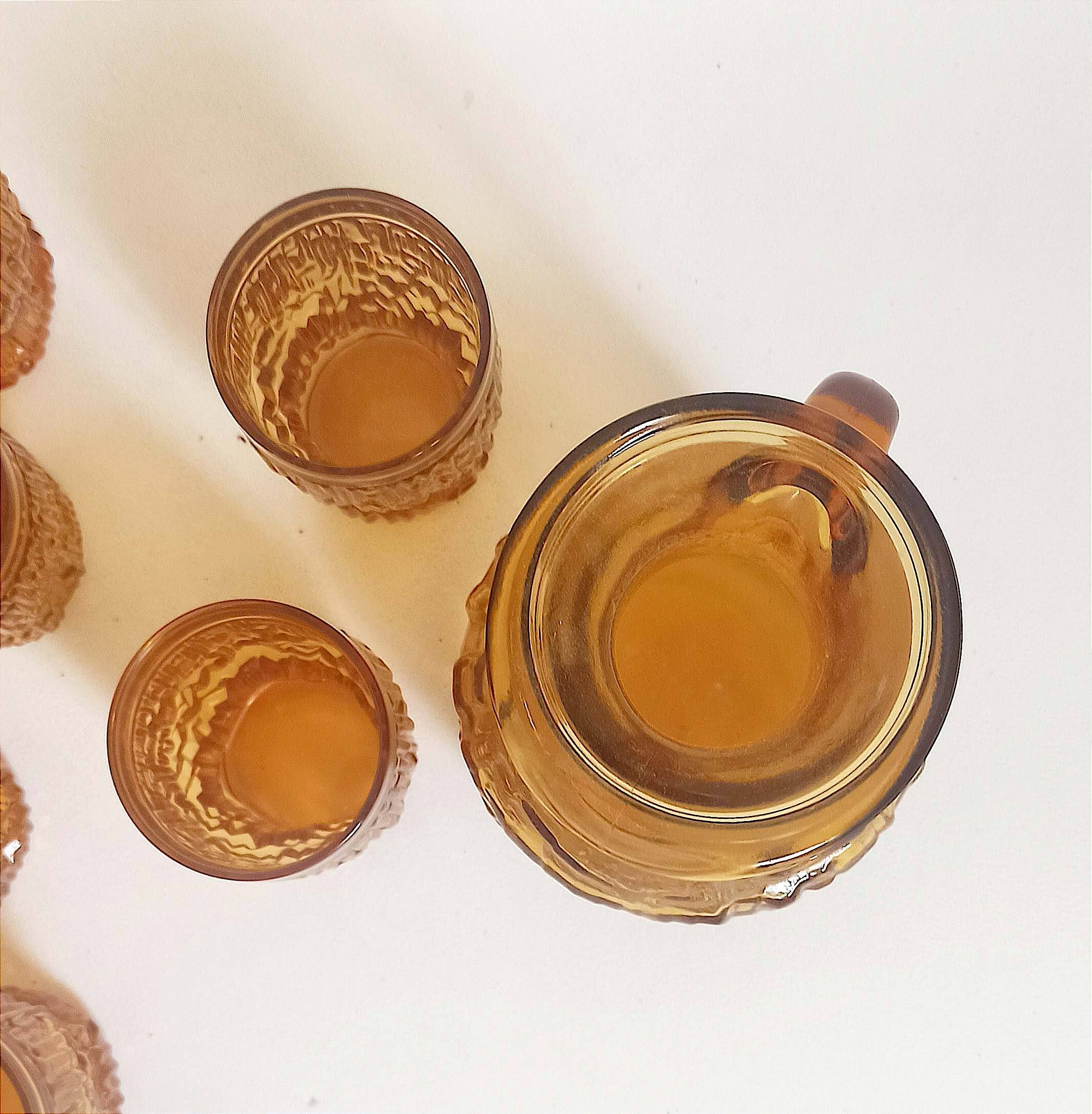 Orange juice set textured glass amber Empoli 2 decanters 12 glasses 70s