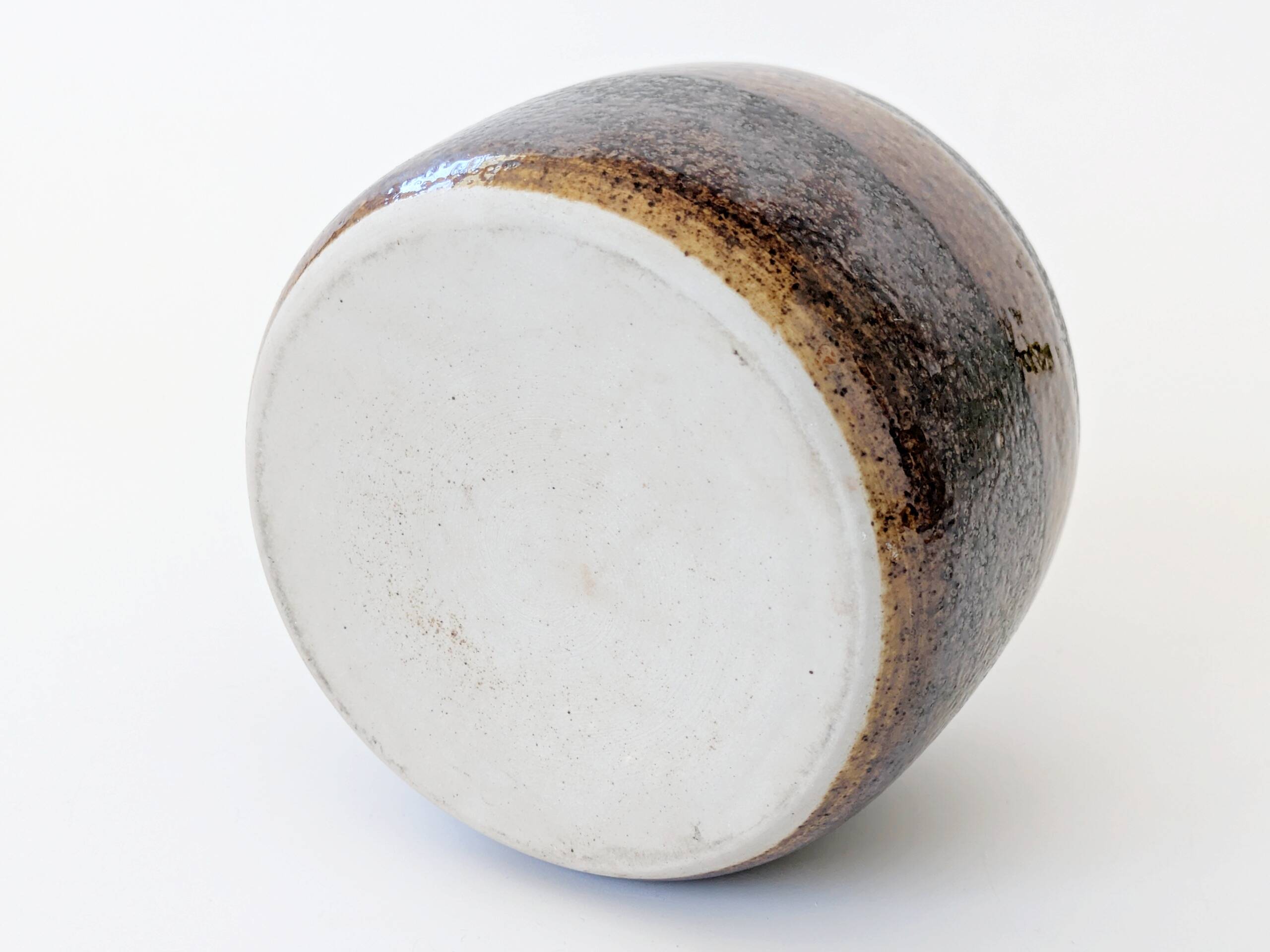 Round stoneware vase, brown and cream glaze, vintage handmade pottery