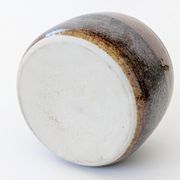 Round stoneware vase, brown and cream glaze, vintage handmade pottery