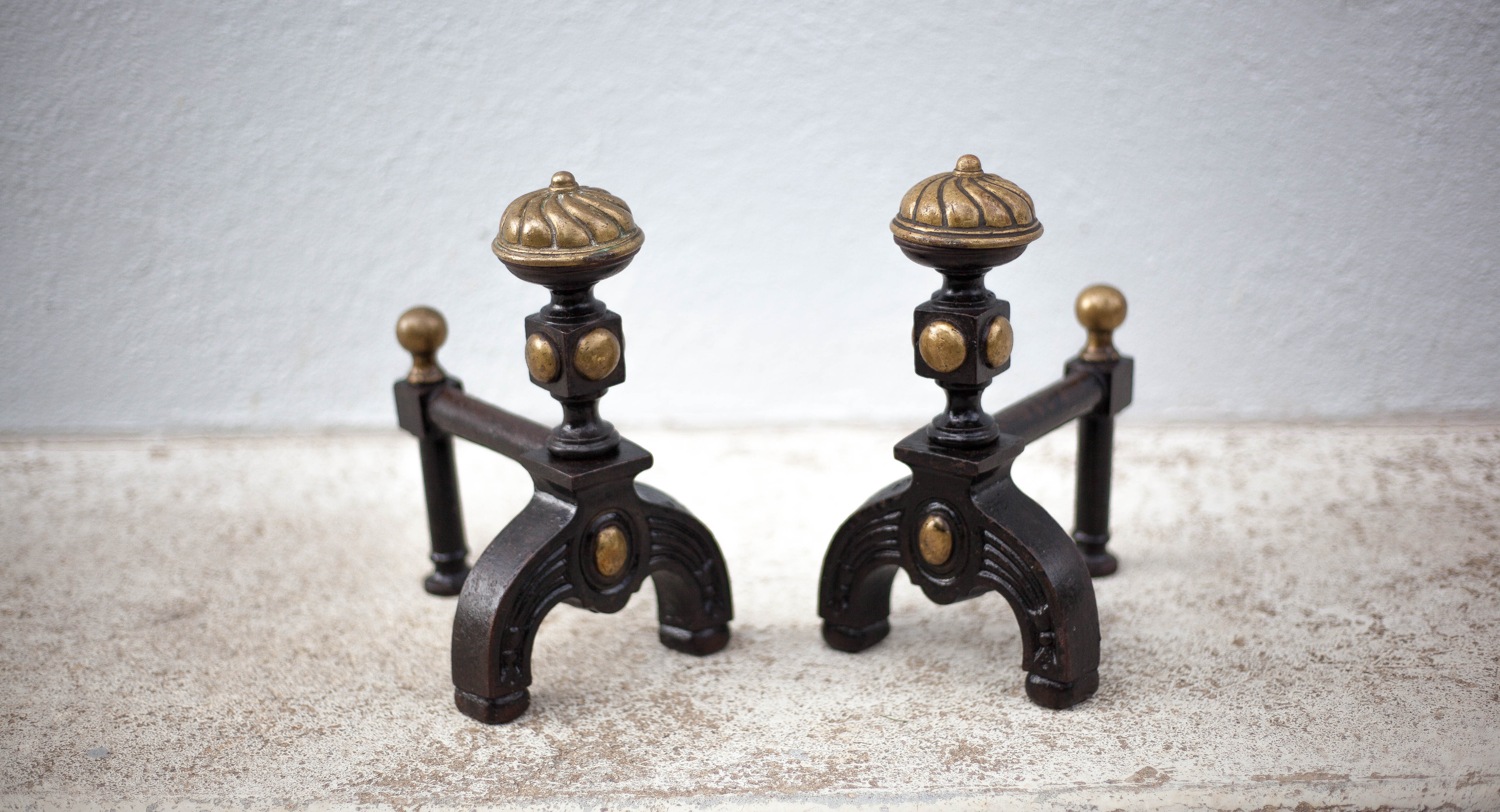Vintage fireplace pegs, empire style cast iron and brass pegs, fireplace accessories